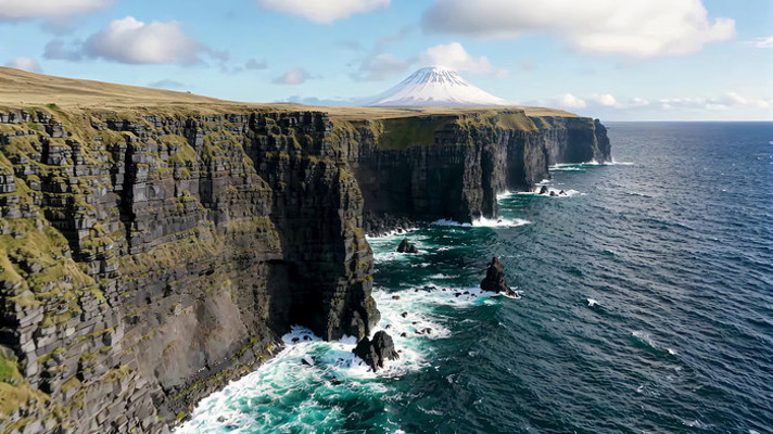 海岸悬崖与远处雪山风景