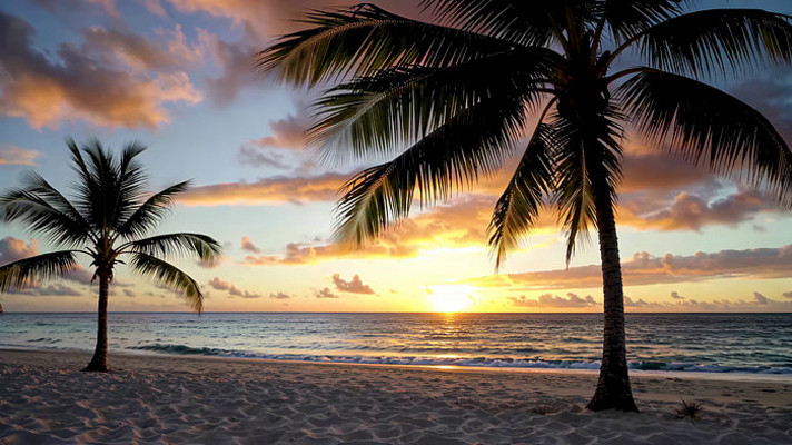 海滩日落与棕榈树景观