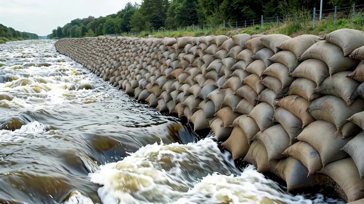 河边沙袋阻挡湍急流水