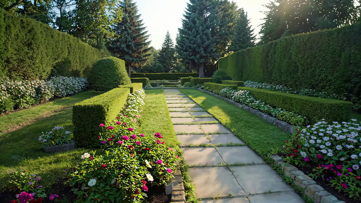 花园绿植花卉石板小径景观