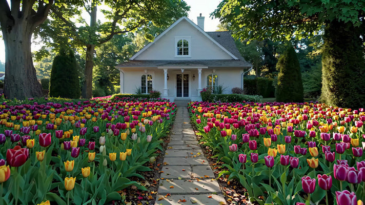 花园小屋前盛开的多彩郁金香