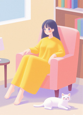 居家女孩与猫咪主题的插画