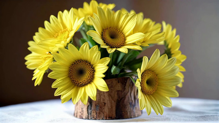 木容器中盛开的黄色向日葵 木容器中盛开的黄色向日葵