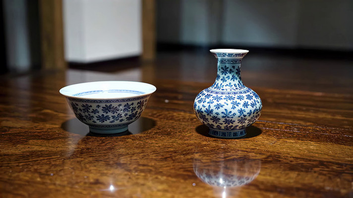 青花瓷碗与花瓶特写