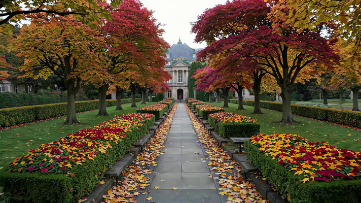 秋季花园中落叶铺径的美景 秋季花园中落叶铺径的美景