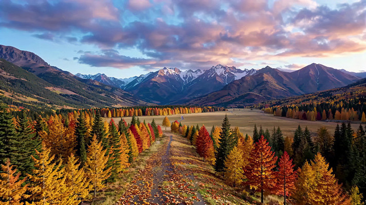 秋季山谷山林与雪山全景 秋季山谷山林与雪山全景