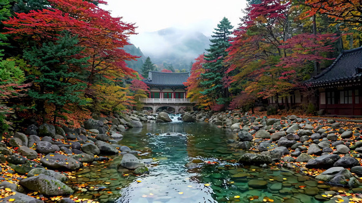 秋季山林中式建筑风景 秋季山林中式建筑风景