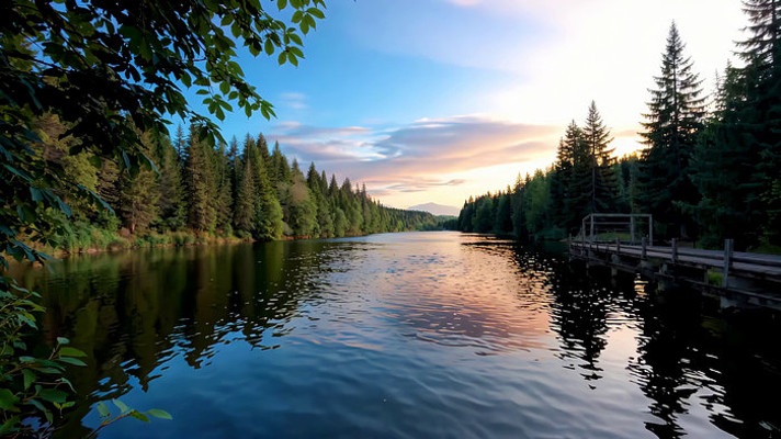 森林湖泊日落自然风光 森林湖泊日落自然风光
