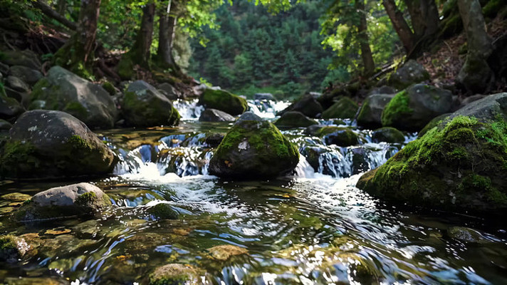 森林中溪流与岩石景象 森林中溪流与岩石景象