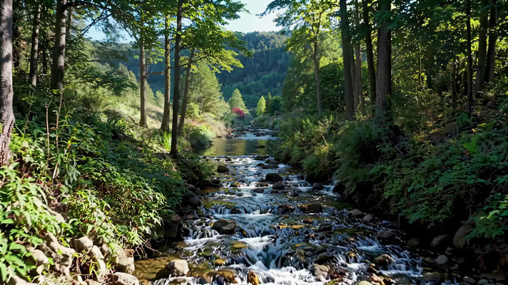 森林中潺潺溪流自然景观 森林中潺潺溪流自然景观