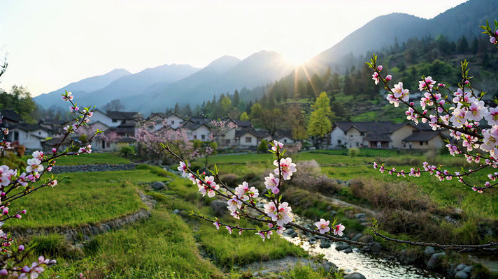 山村春日桃花盛开的景象