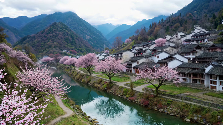 山村河畔粉色繁花民居景致 山村河畔粉色繁花民居景致