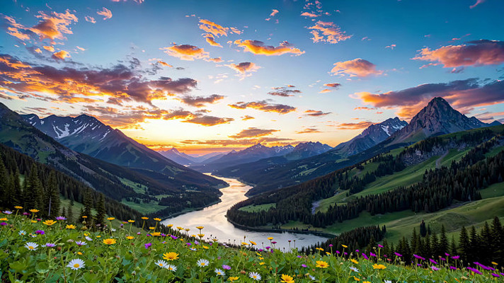 山间河谷日落自然风光 山间河谷日落自然风光