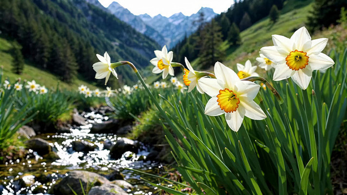 山间溪边绽放的白色水仙花