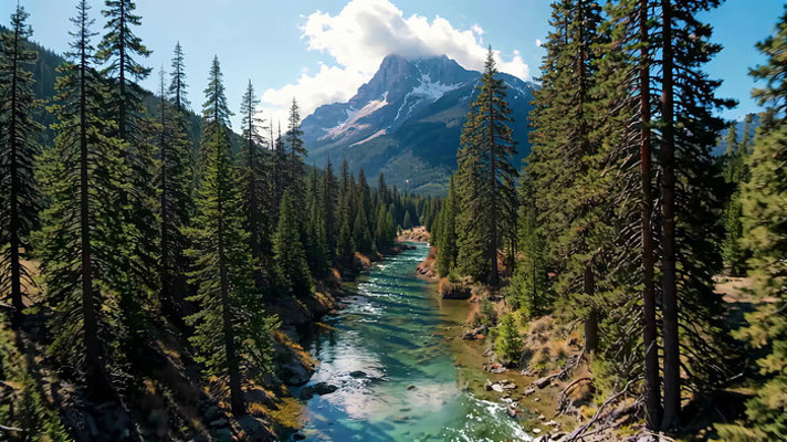 山林间河流与远处雪山风景