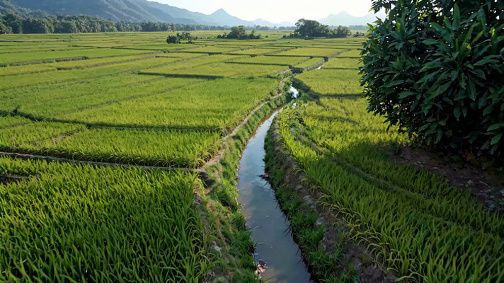 田野间稻田与水渠景观 田野间稻田与水渠景观