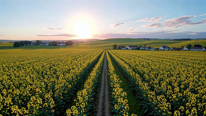 田野油菜花日落乡村景色 田野油菜花日落乡村景色