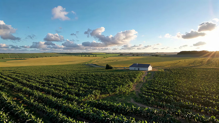 田野中的小屋与农田全景 田野中的小屋与农田全景