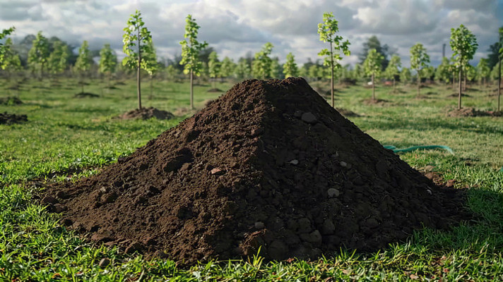 田野中堆放的土壤与小树