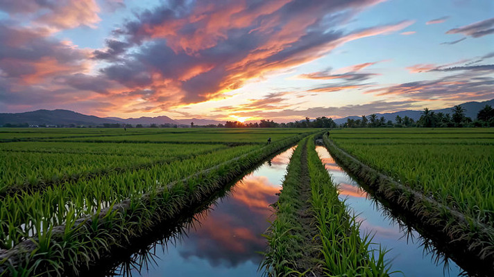 夕阳下的稻田田园风光 夕阳下的稻田田园风光