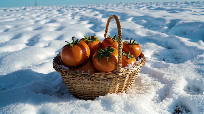 雪地中竹篮装着的西红柿 雪地中竹篮装着的西红柿