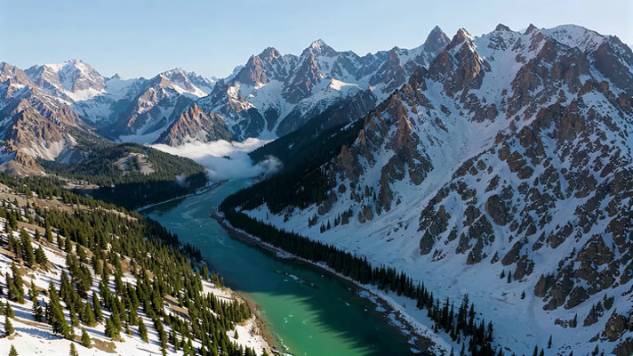 雪山森林河流自然风光全景 雪山森林河流自然风光全景