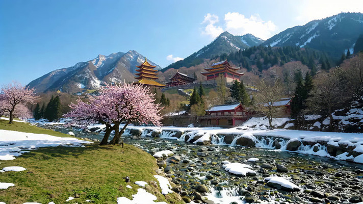 雪山下中式建筑与溪流樱花景致