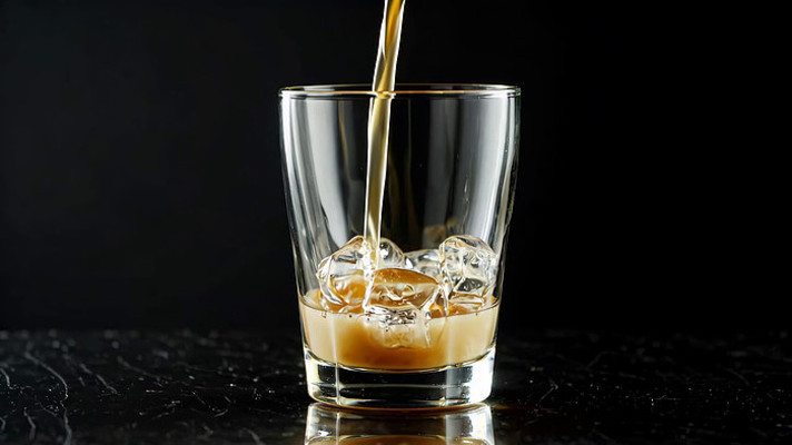 液体倒入加冰玻璃杯