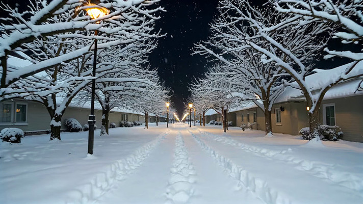 夜晚雪覆盖街道与树木景象