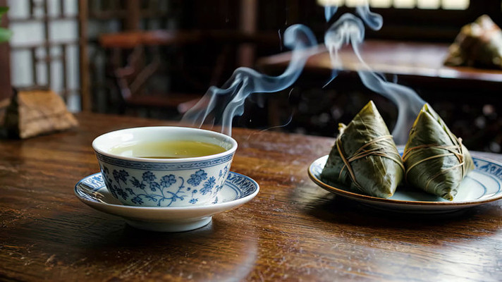 中式茶具与端午粽子特写