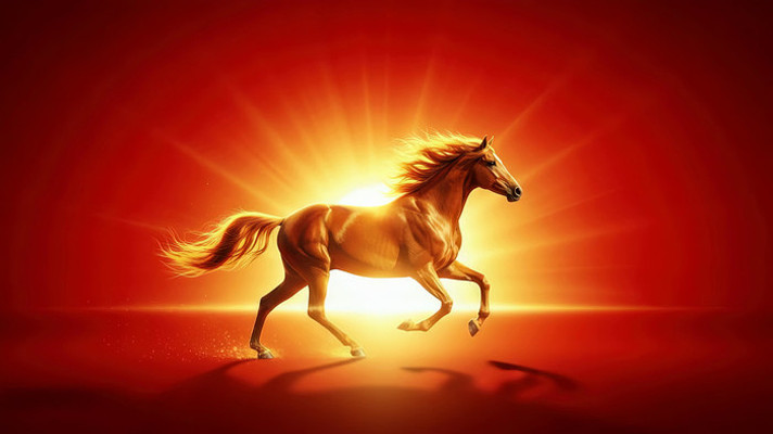 2026马年金色骏马奔跑于红色背景
