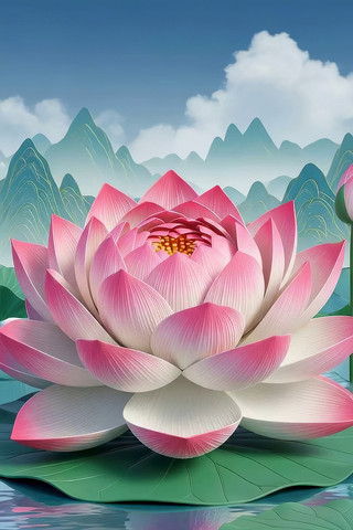 3D渲染荷花山水竖屏背景动画