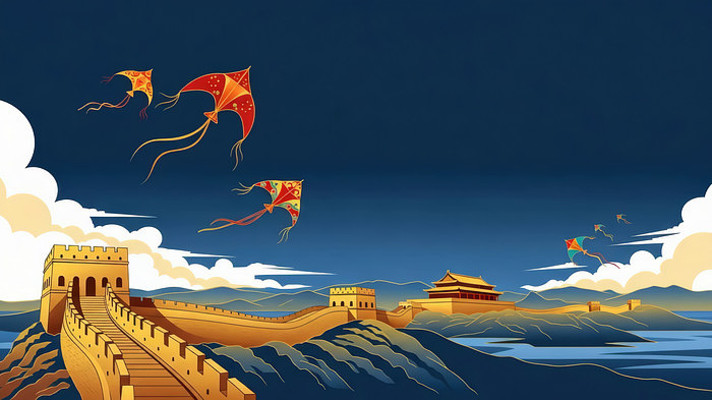 长城上空飞翔的传统风筝国庆背景 长城上空飞翔的传统风筝国庆背景