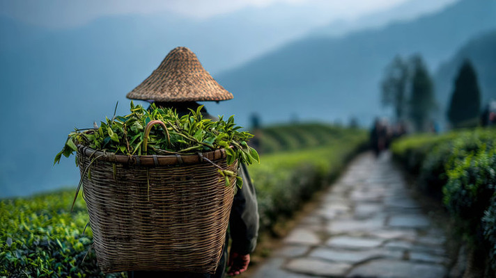 茶农背茶篓行走茶园小径 茶农背茶篓行走茶园小径