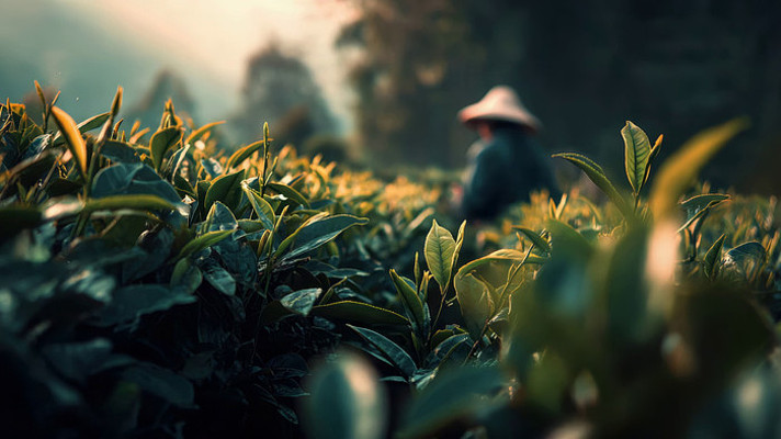 茶园中戴斗笠人物近景