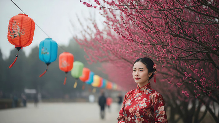 穿旗袍女子赏梅花挂灯笼场景