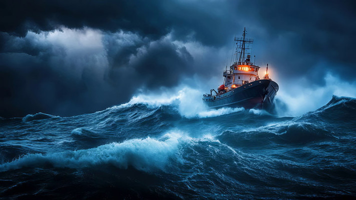 大海巨浪中航行的船只