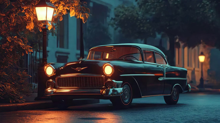 复古汽车街道夜景画面