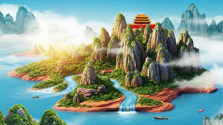 国潮风仙山楼阁奇幻风光 国潮风仙山楼阁奇幻风光