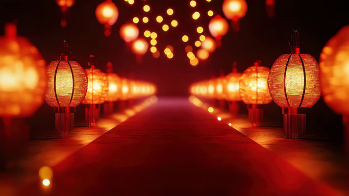 红灯笼铺就的喜庆通道