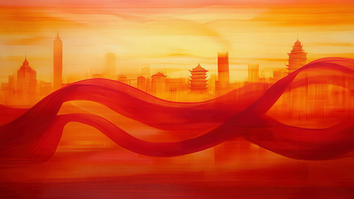 红色绸带飘动城市风光背景