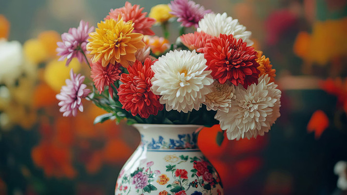 花瓶中多彩菊花特写