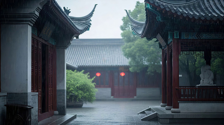 江南古建筑庭院雨景