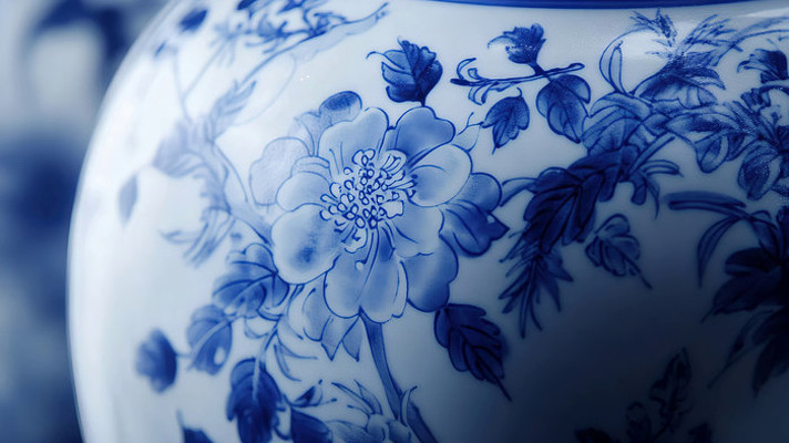 青花瓷瓶花卉图案特写