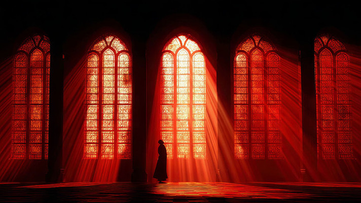 人物立于红光照耀的彩色玻璃前