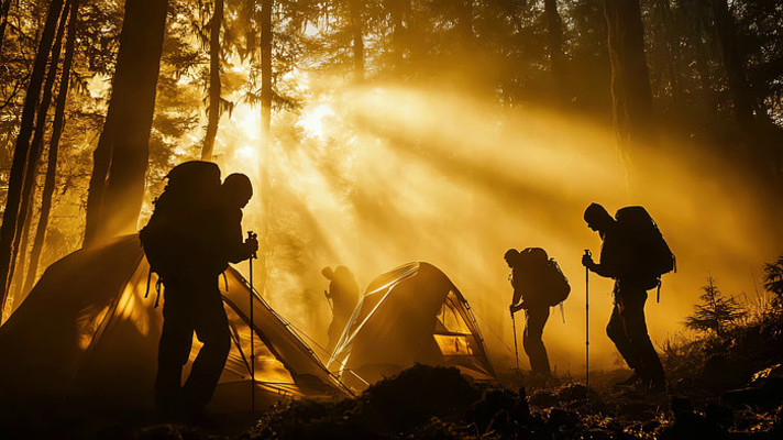 森林中徒步旅行者与露营场景
