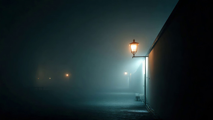 雾夜街道路灯场景