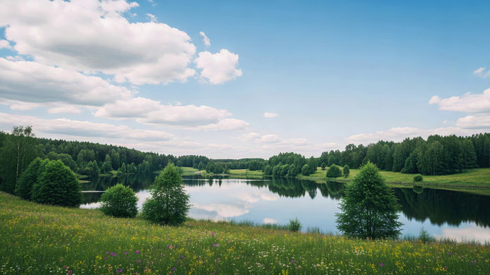 夏日湖畔森林自然风光素材