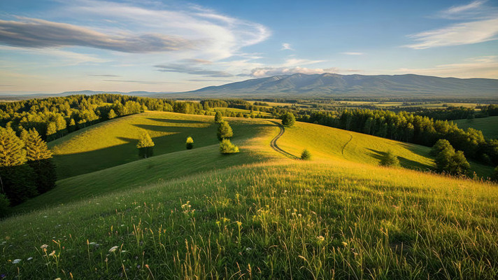 夏日绿色山丘树林自然风光