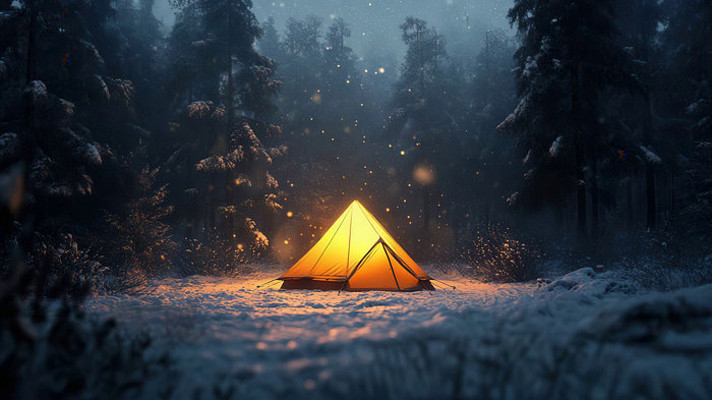 雪夜森林中的露营帐篷